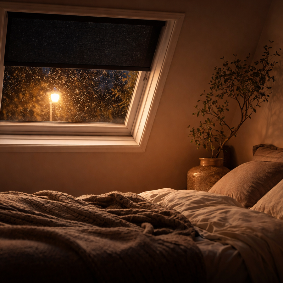 Modern slaapkamerinterieur met een schuin plafond, een dakraam voorzien van een donker rolgordijn en beige beddengoed.