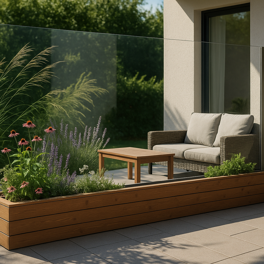 Glazen windscherm geïntegreerd met houten plantenbak, biedt privacy en windbescherming voor de loungehoek op het terras
