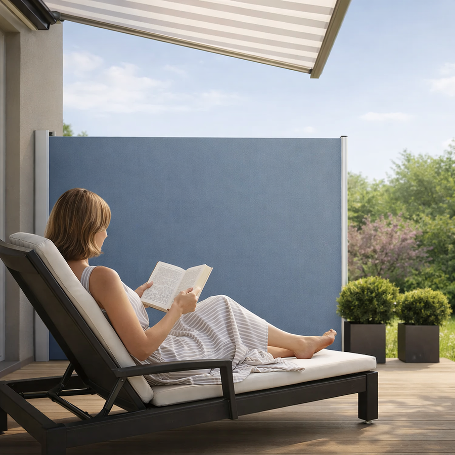 Vrouw leest een boek op ligstoel achter een oprolbaar windscherm op terras uitkijken op haar tuin onder een zonneluifel
